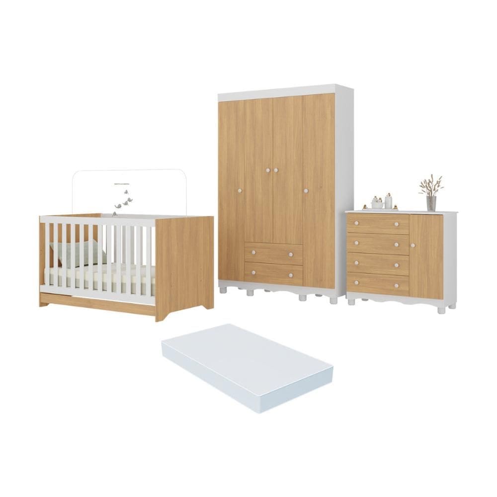 Quarto de Bebê Completo com Berço Americano 3 em 1 Colchão Incluso Dengo Multimóveis MP4600