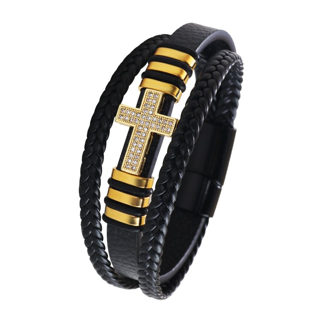 Pulseira de couro PU para homens com pingente cruzado dourado de 21,5 cm