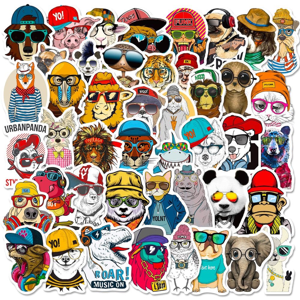 Pacote de adesivos Funny Animal Cartoon Pets com chapéus, 50 unidades