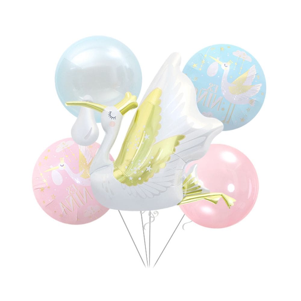 Conjunto de balões metalizados em forma de cegonha para bebês com 5 balões