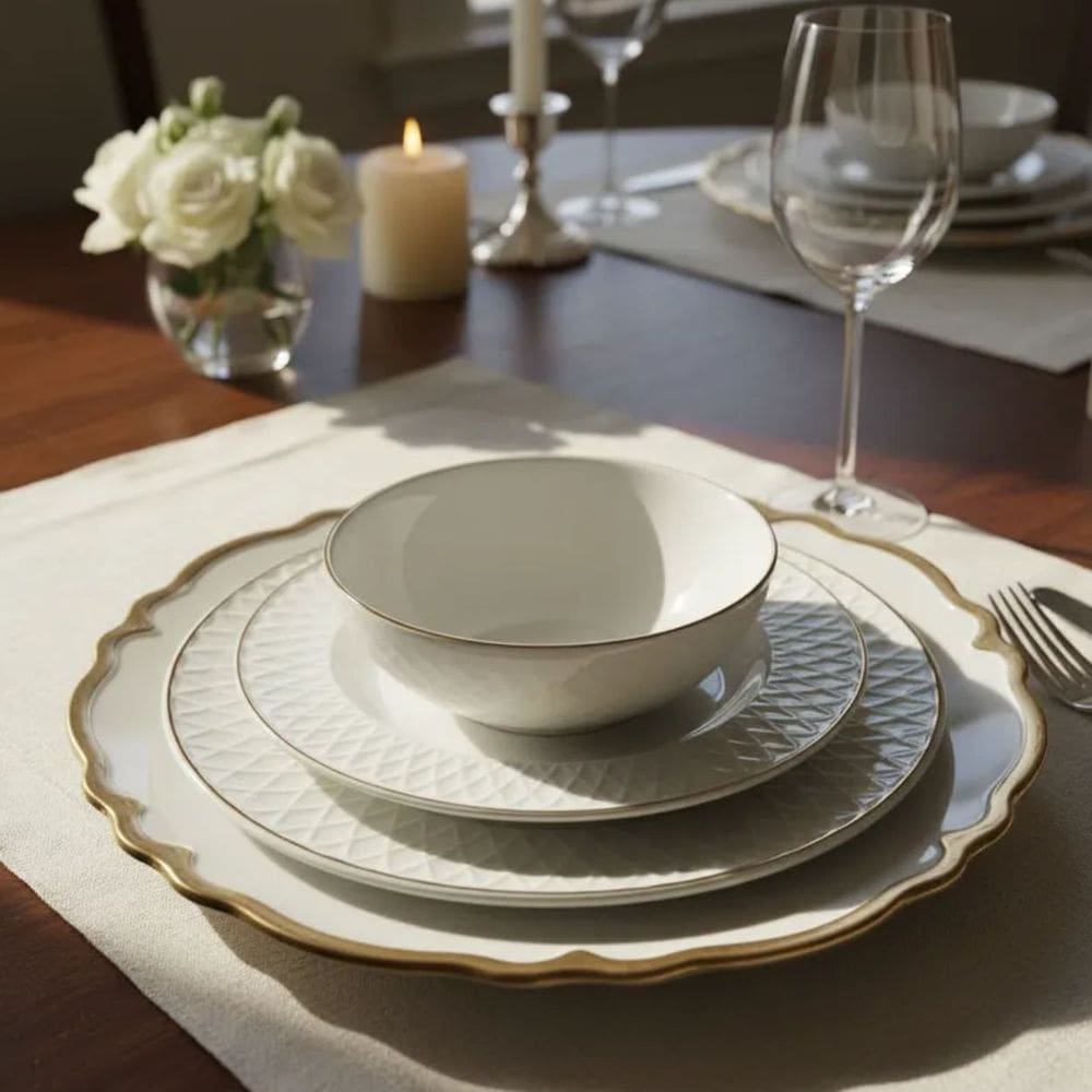 Prato Raso, Fundo e Bowl Opalino Fio de Ouro 18un Royale Wolff