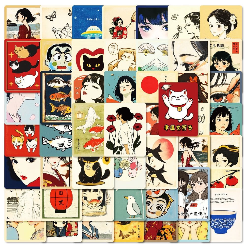 Adesivos japoneses em estilo kawaii, 50 peças, desenhos animados retrô e flo