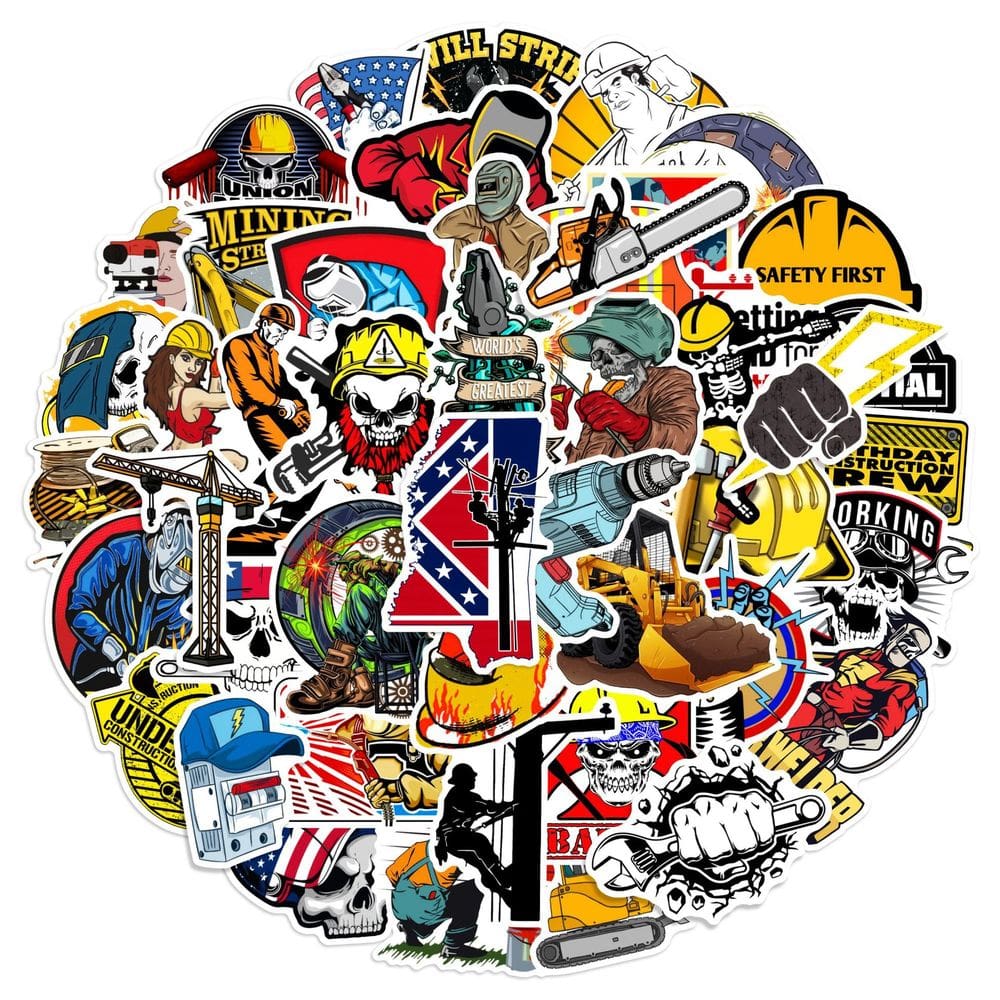 Pacote de adesivos, capacete de desenho animado para trabalhadores da construção civil, 50 unidades