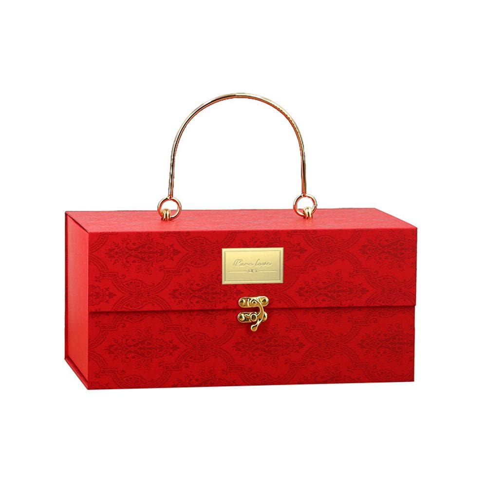 Caixa de presente de papel quadrado vermelho com alça dourada e fechadura 25x14cm