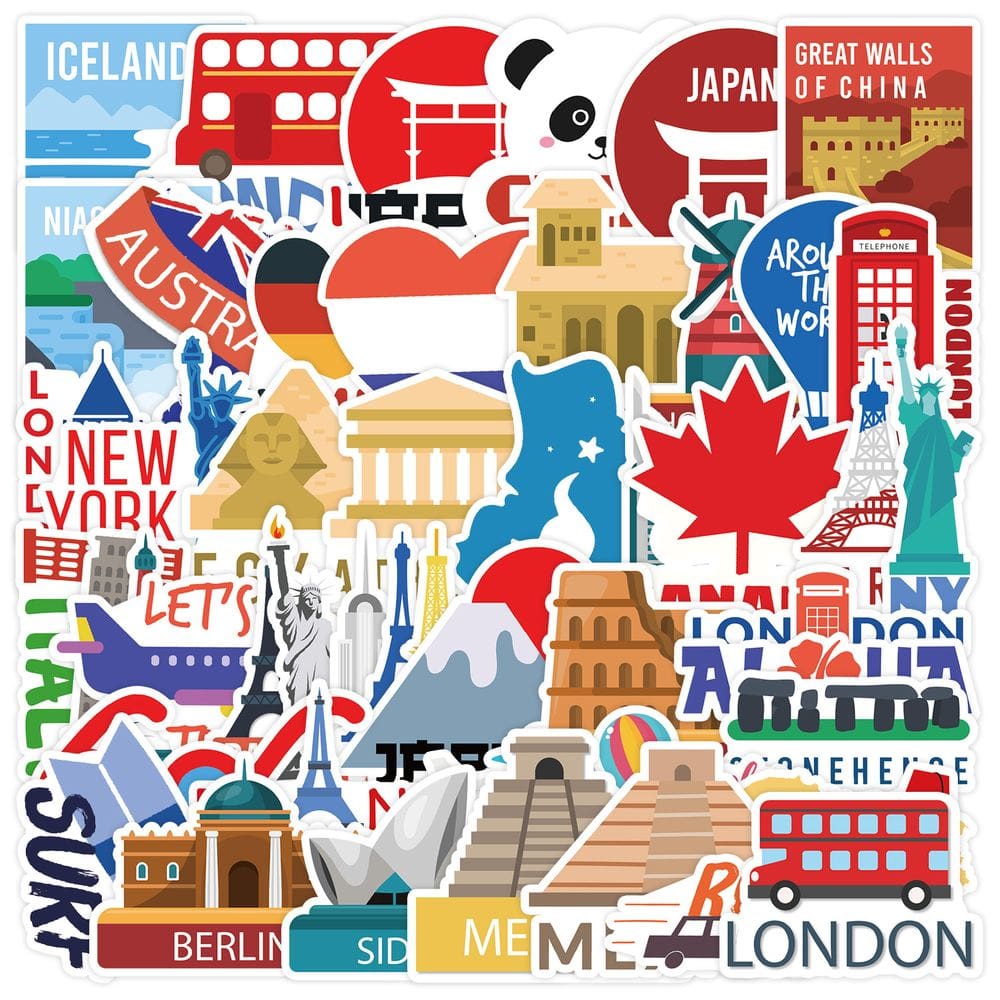 Conjunto de adesivos com tema de viagem, 50 peças, pontos turísticos mundiais e cidades