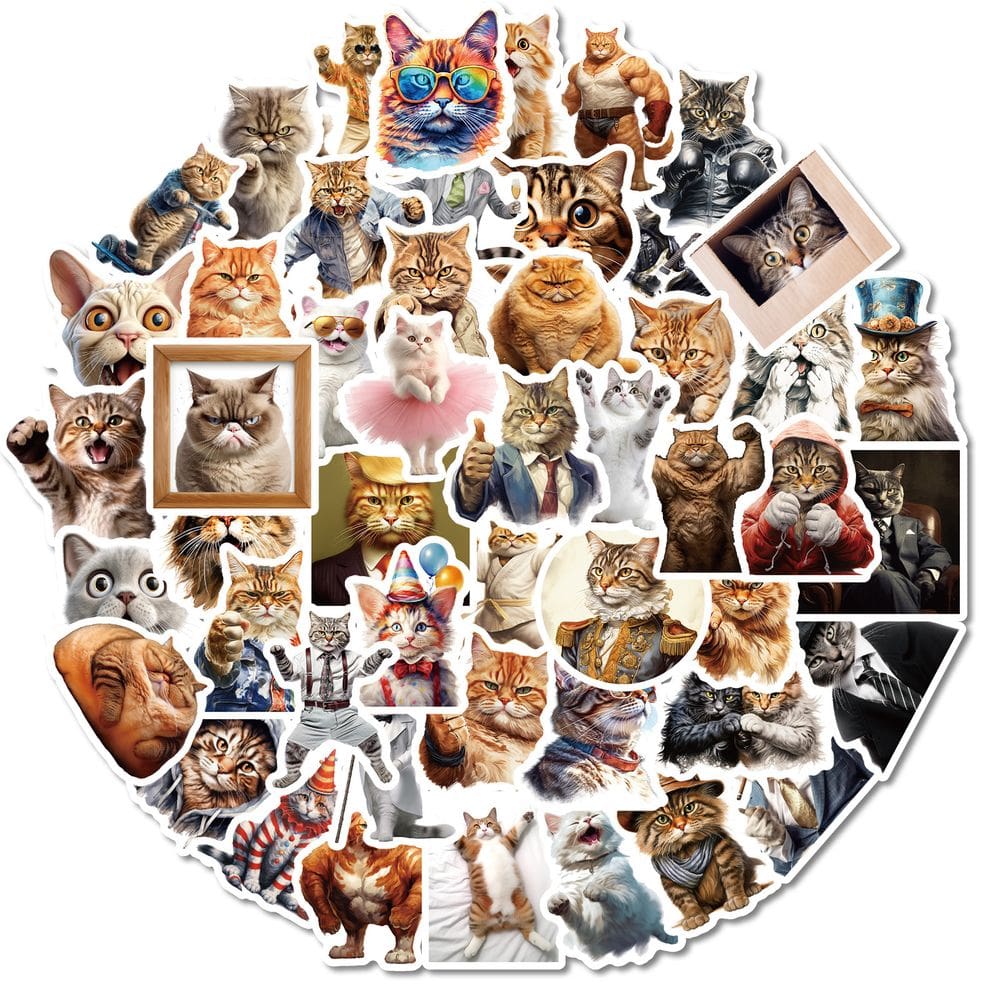 Pacote de adesivos Funny Realistic Cat Face, 50 unidades à prova d`água
