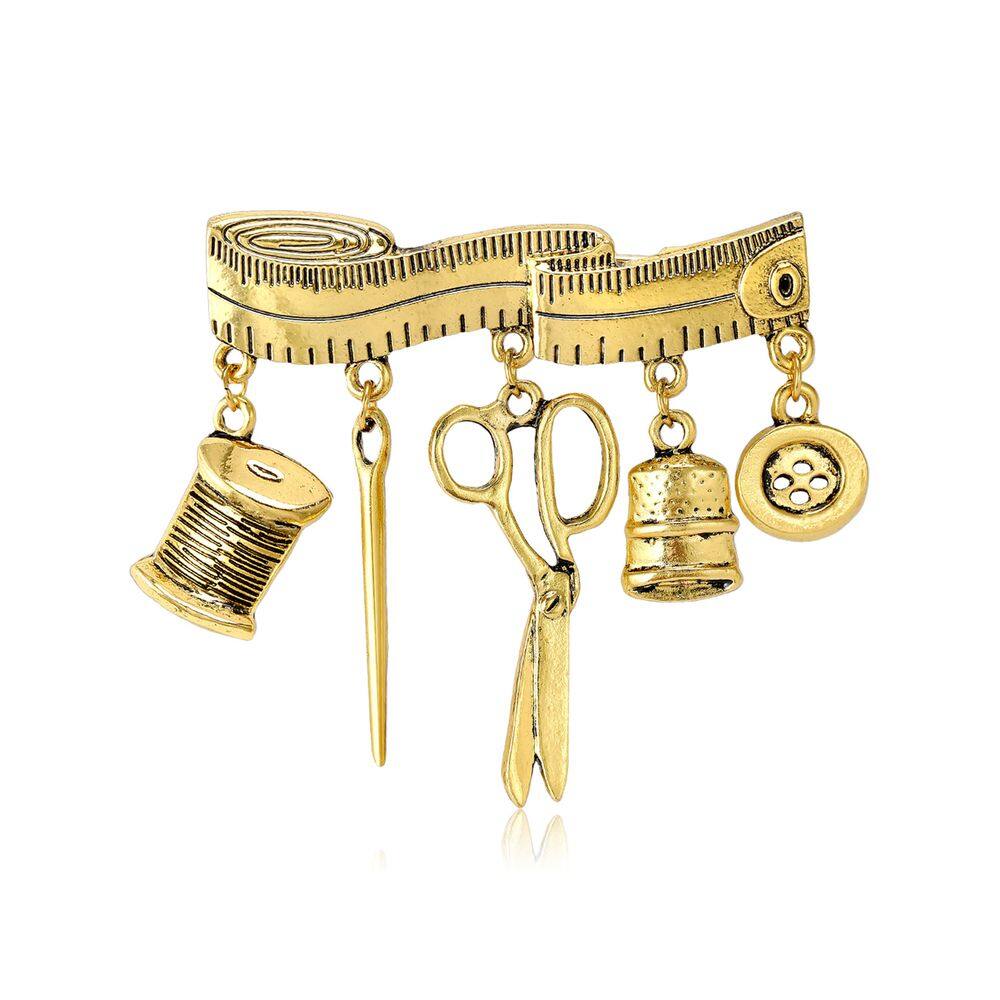 Alfinetes de broche, ferramentas de alfaiate vintage com fita métrica e tesoura