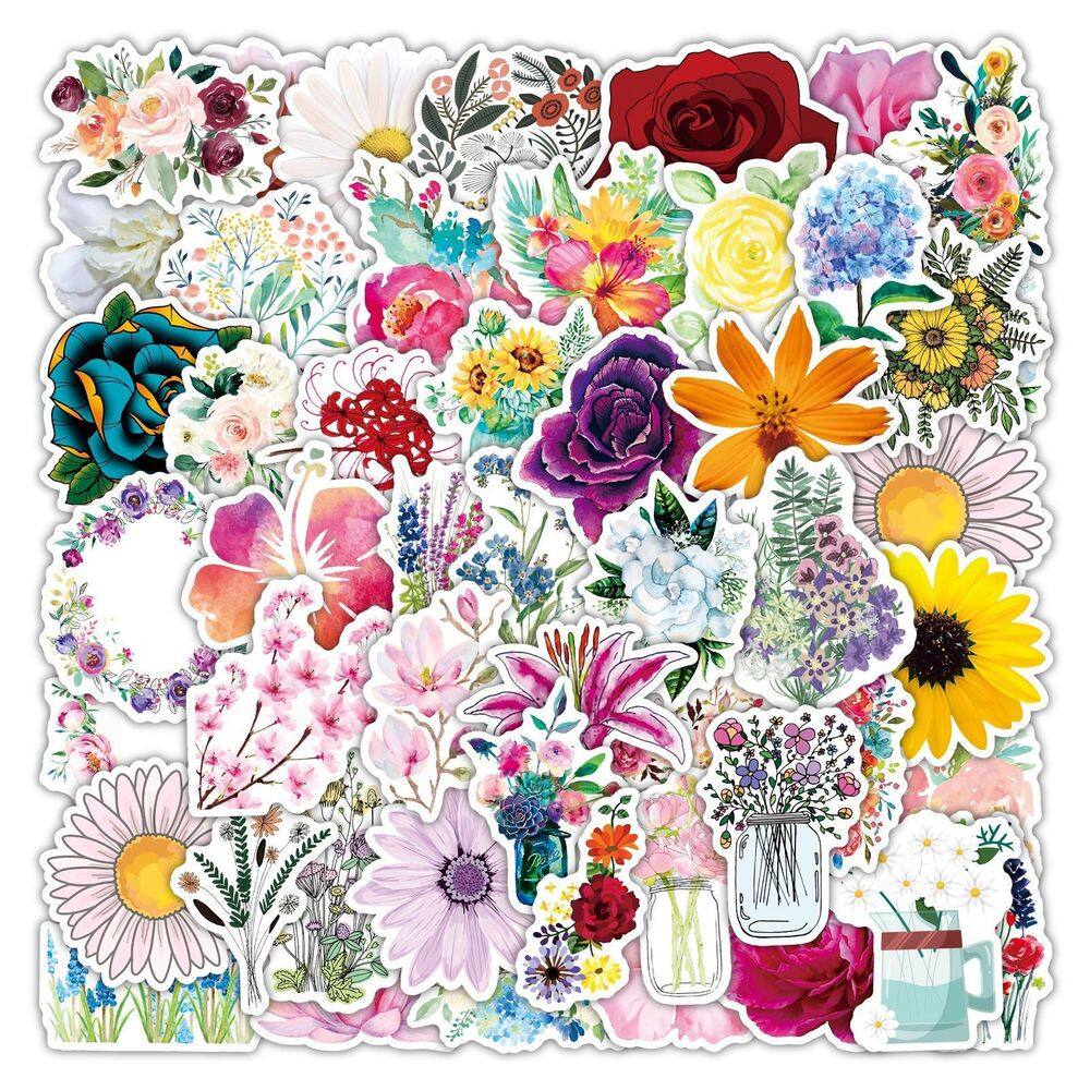 Adesivos Blooming Flower, 50 unidades, desenhos animados coloridos, vinho floral