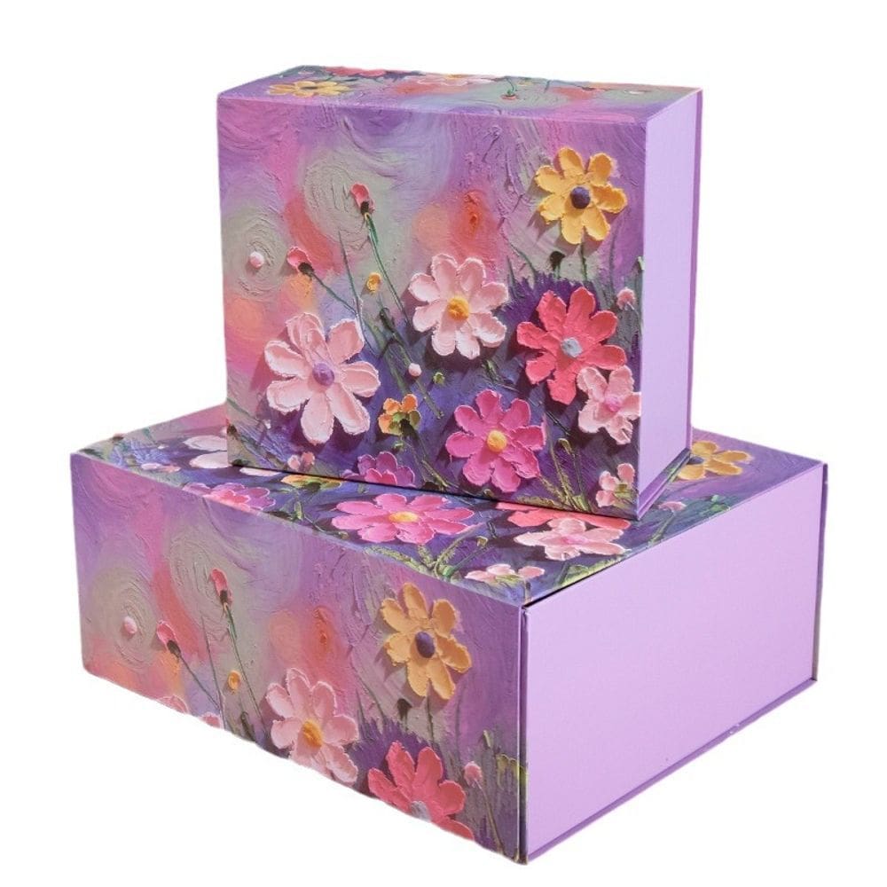 Caixa de presente floral de papel roxo grande 34x27x14cm x2