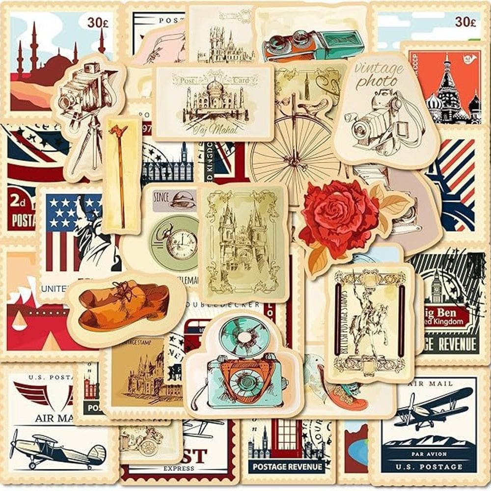 Adesivos vintage com ilustrações retrô de animais e flores, 50 unidades