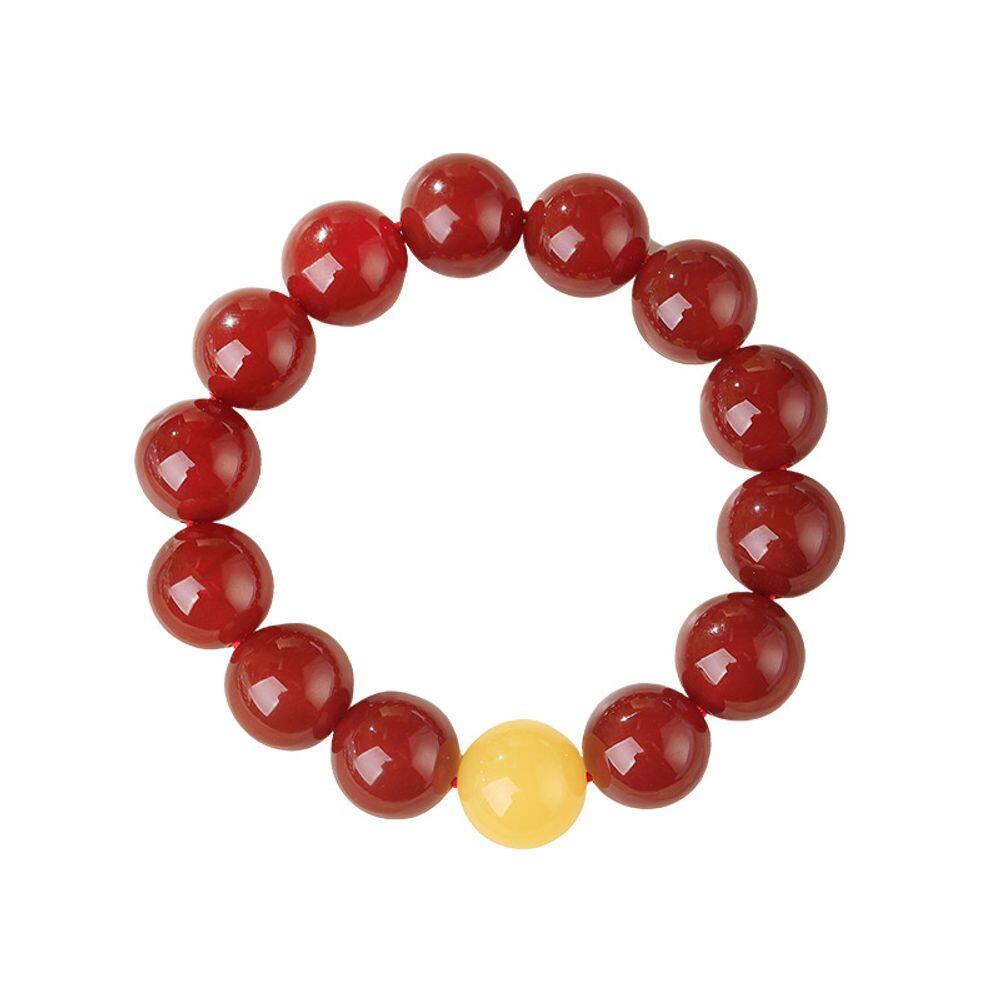 Pulseira de ágata vermelha natural com talão de transferência amarelo de 16 mm