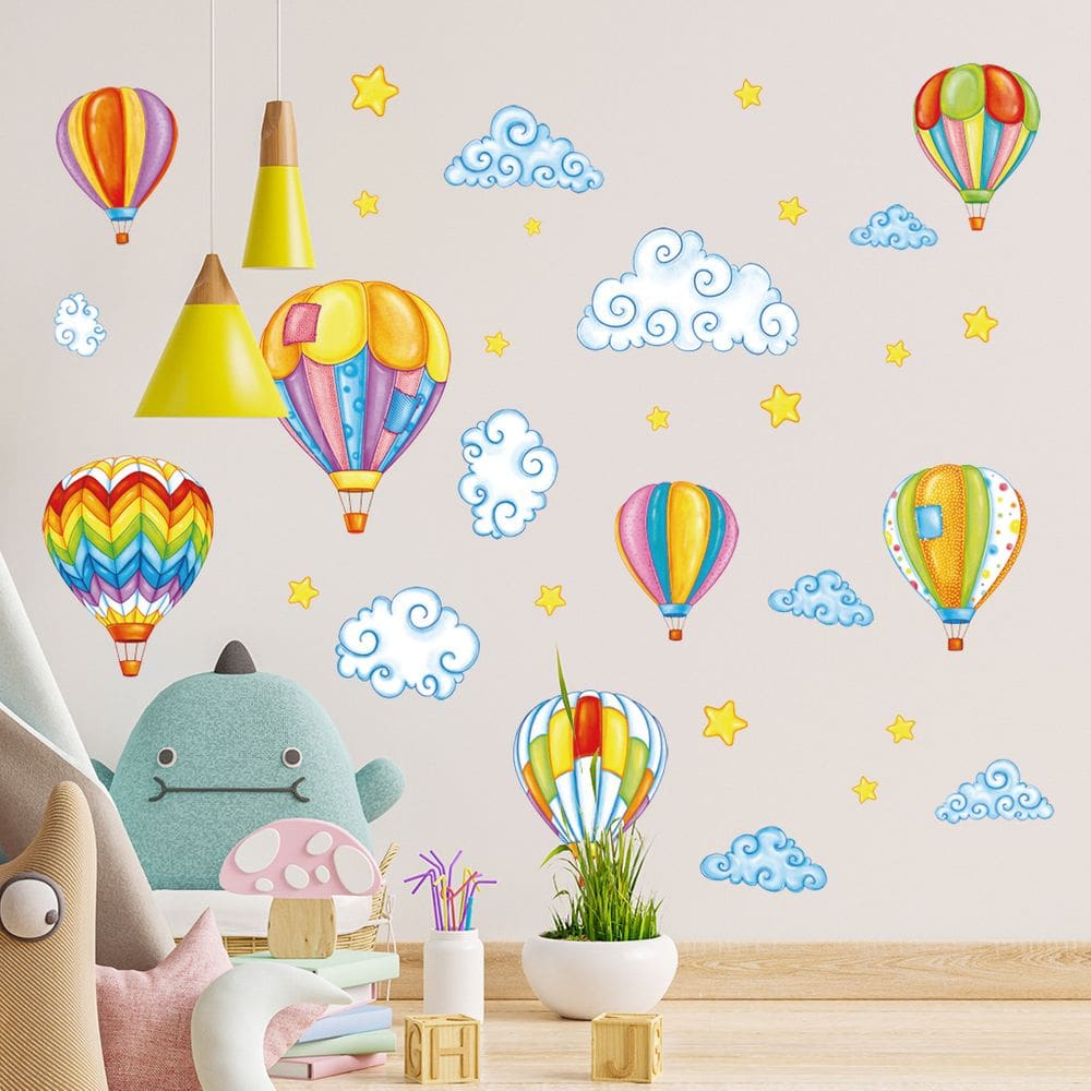 Adesivos de parede, balões de ar quente coloridos, nuvens, estrelas, decalques