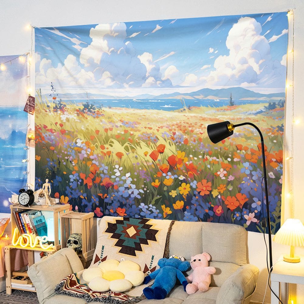 Tapeçaria pendurada na parede, campo colorido de flores silvestres 150x130cm
