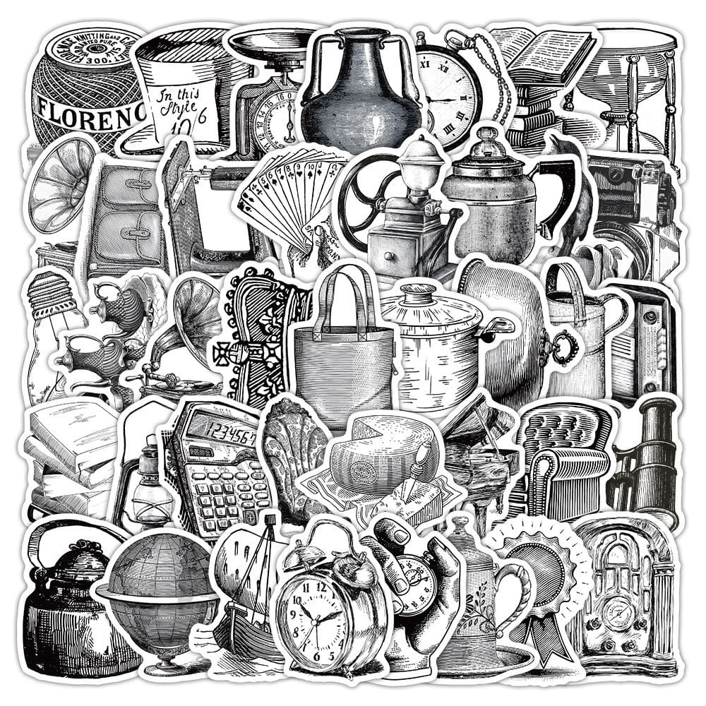 Conjunto de adesivos, cartas vintage e objetos antigos, 50 unidades