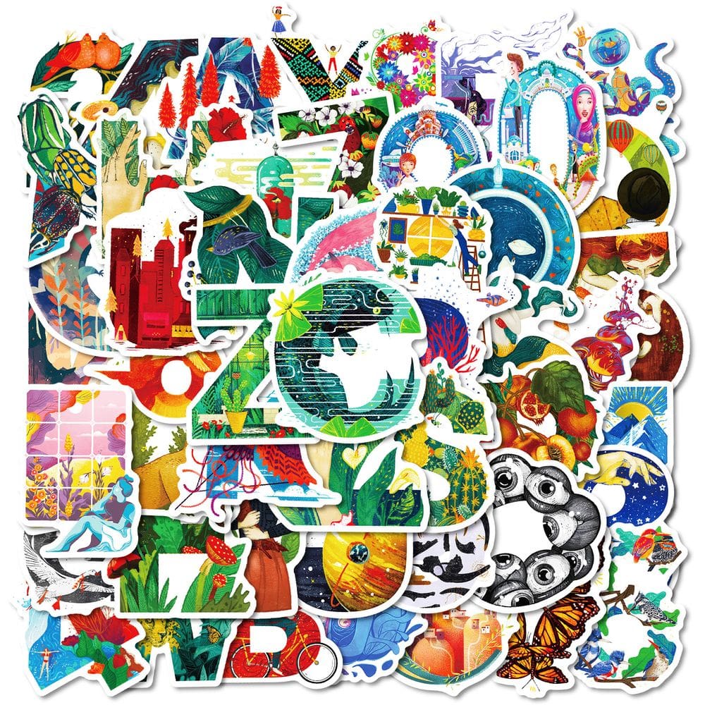 Pacote de adesivos, arte desenhada à mão, 50 peças de vinil impermeável para desenhos animados