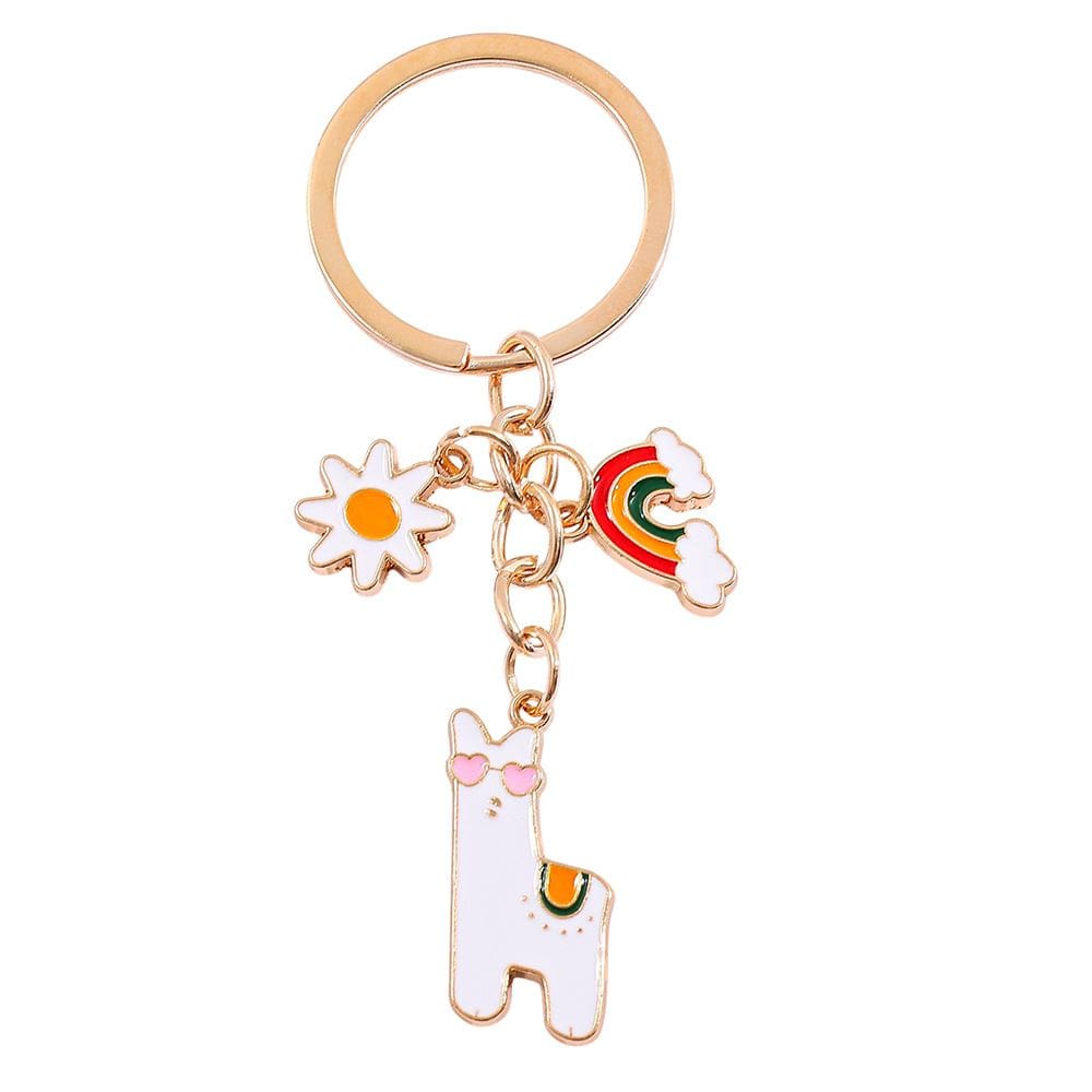 Chaveiro fofa lhama arco-íris com margarida e pingentes de arco-íris