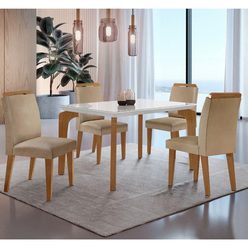 Conjunto Mesa Liz 120cm Com Vidro 4 Cadeiras Athenas Moderna Turim Off White Imbuia