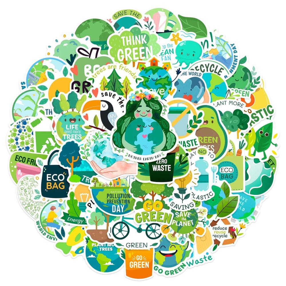 Pacote de adesivos Go Green, decalques de vinil ecológicos x50