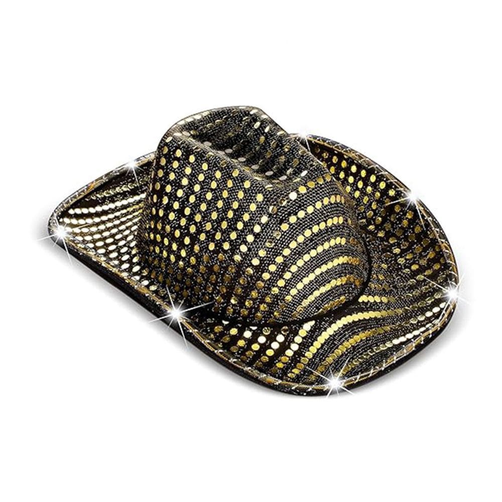 Chapéu de cowboy preto com luzes LED e lantejoulas douradas para adultos