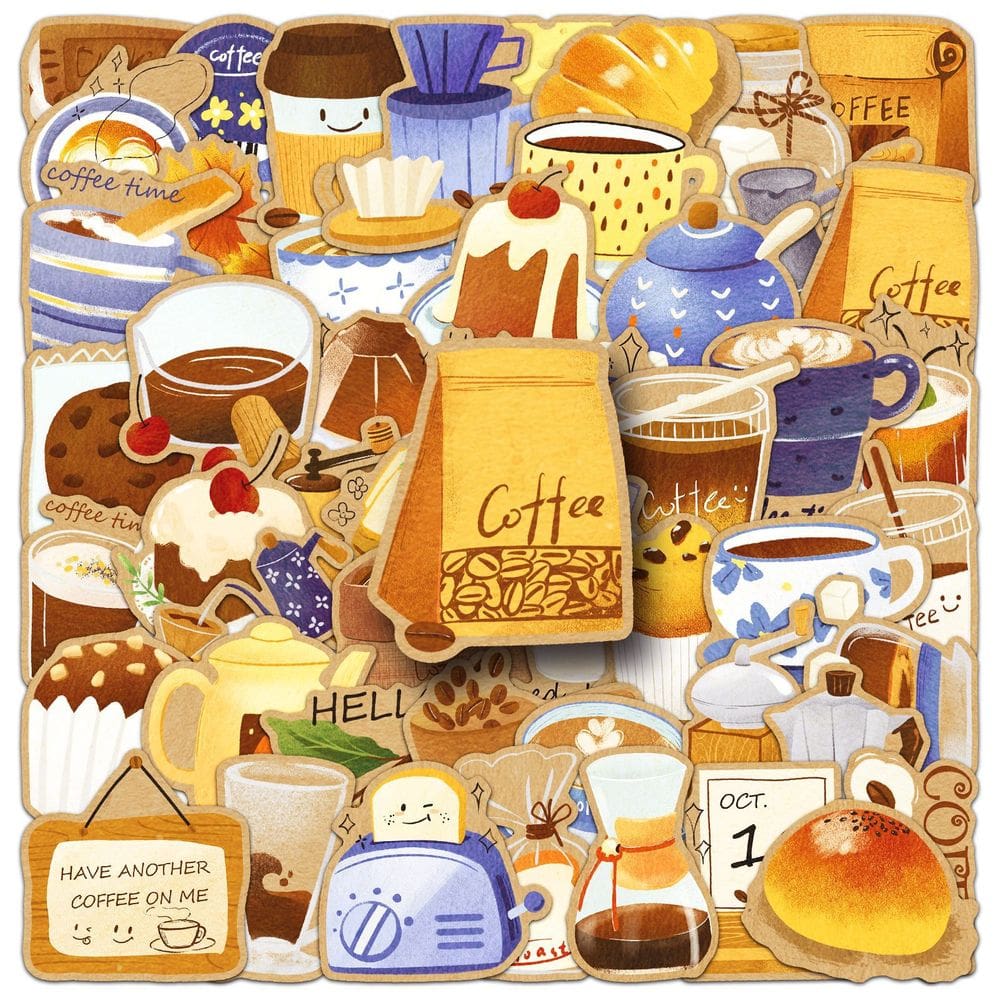 Adesivos de café e sobremesa, 50 peças de vinil impermeável para bricolage