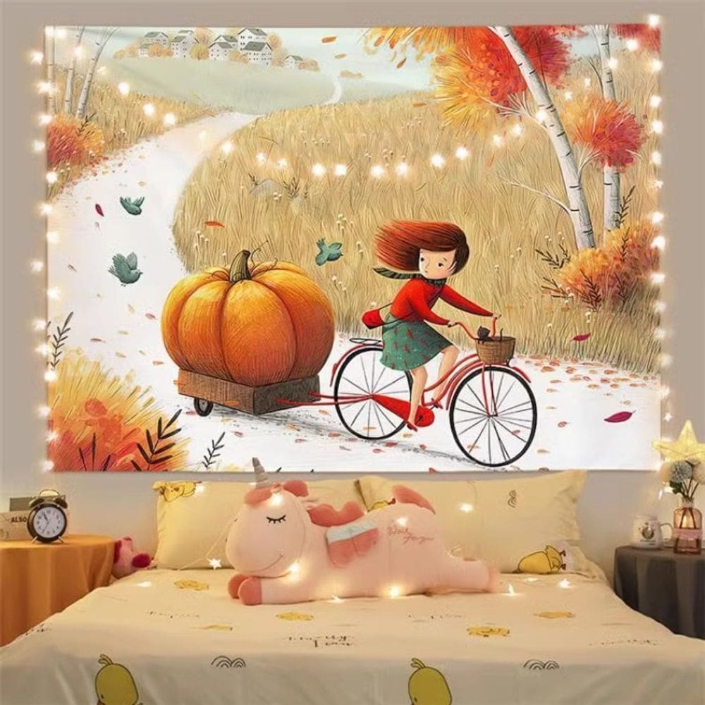 Bicicleta de outono pendurada na parede de tapeçaria com abóbora e menina