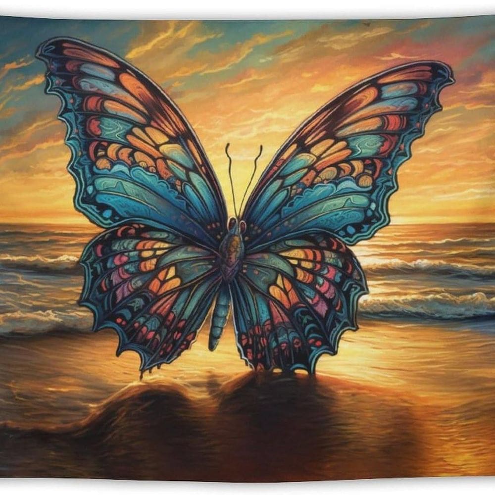 Tapeçaria pendurada na parede borboleta colorida na praia 150x130cm