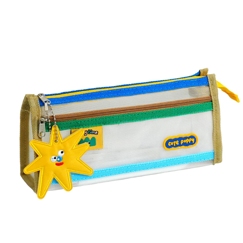 Estojo de lápis transparente Cute Puppy Cartoon de malha de dupla camada