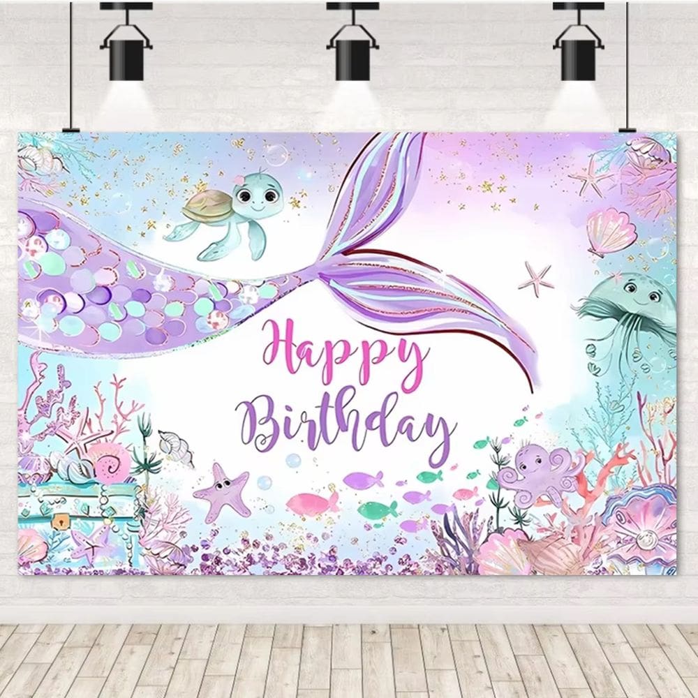 Tapeçaria para pendurar na parede Mermaid Birthday Ocean 150x100cm em vinil