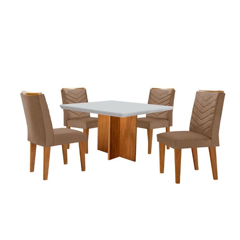 Conjunto Mesa Olímpia 90cm Tampo Mdf 4 Cadeiras Liz Moderna Veludo Capuccino Off White Imbuia