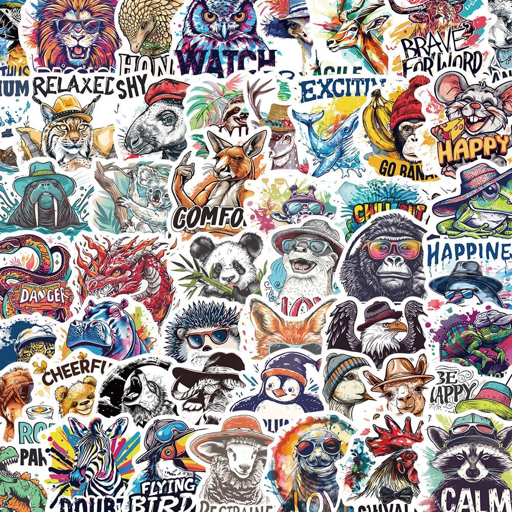 Pacote de adesivos Retro Animal Theme, 50 peças de decalques de desenho animado