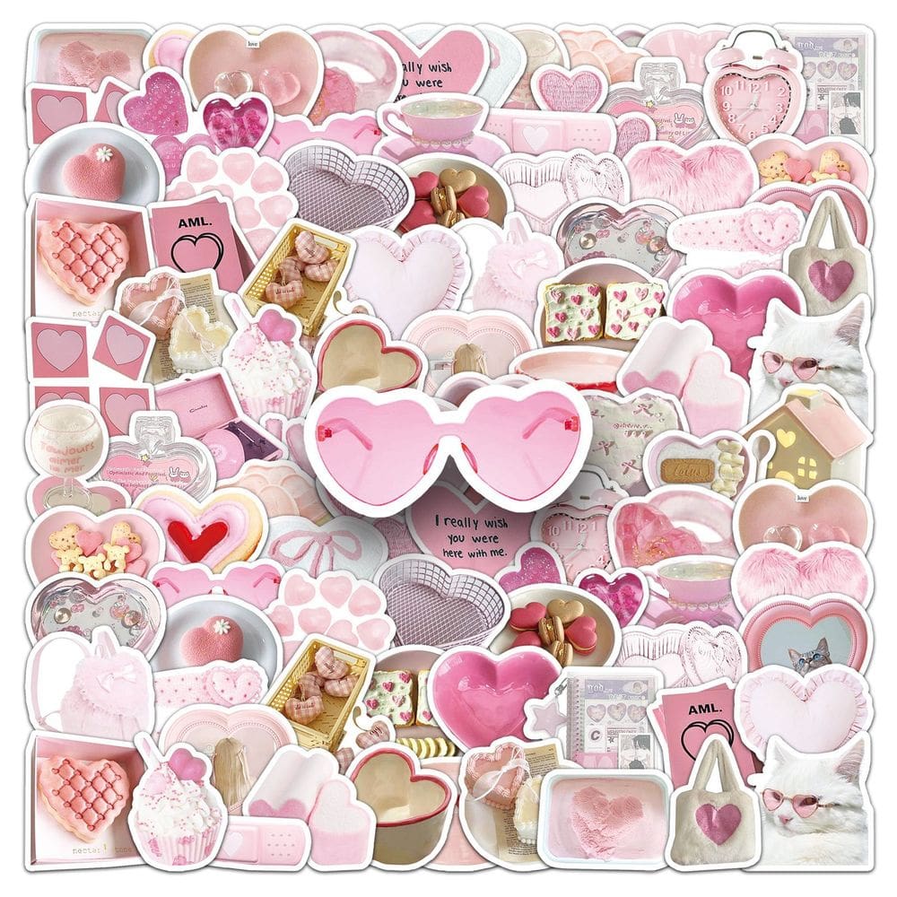 Conjunto de adesivos: 50 lindos decalques de desenhos animados rosa Kawaii em forma de coração