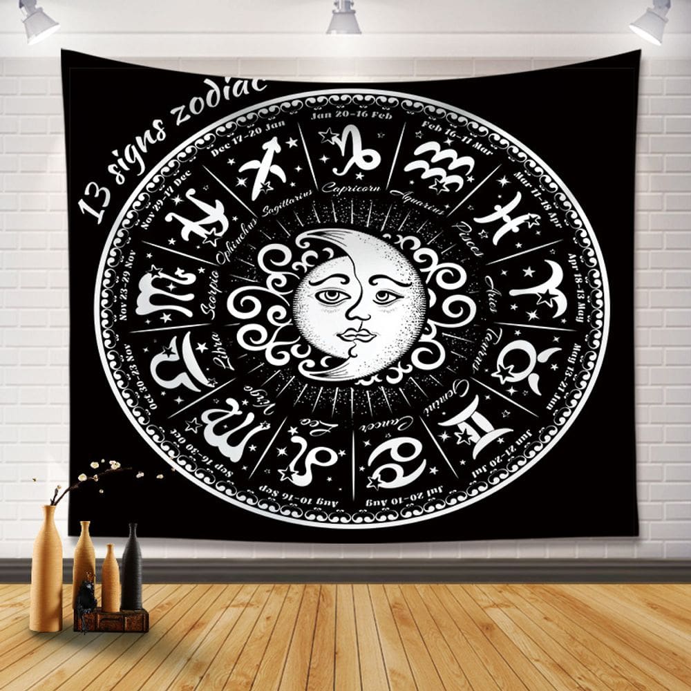 Tapeçaria pendurada na parede Signos do Zodíaco 130 cm x 150 cm em preto e branco
