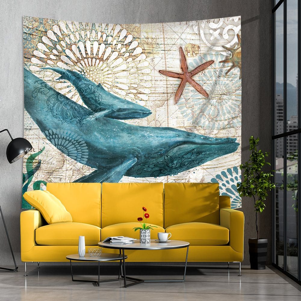 Tapeçaria suspensa na parede Ocean Whale Nautical Sea Map 130x150cm