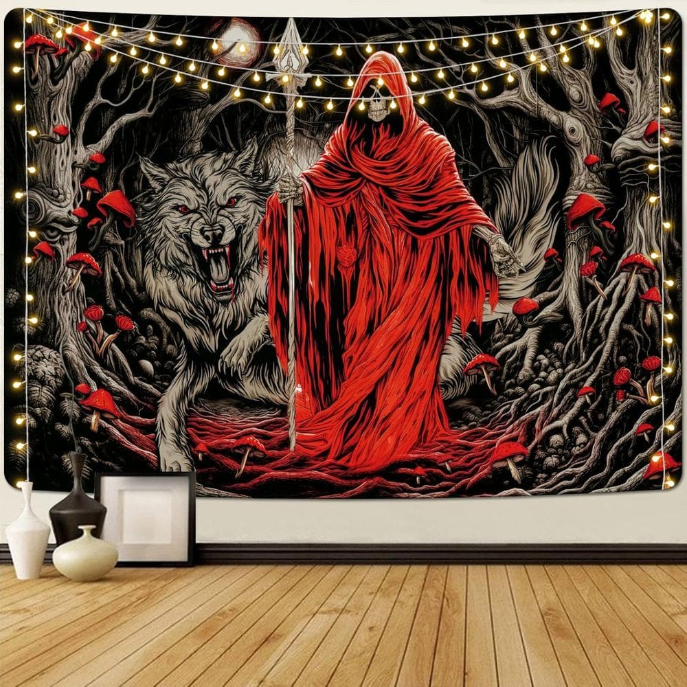 Tapeçaria para pendurar na parede Gothic Wolf Moon Red com capuz S 150x130cm
