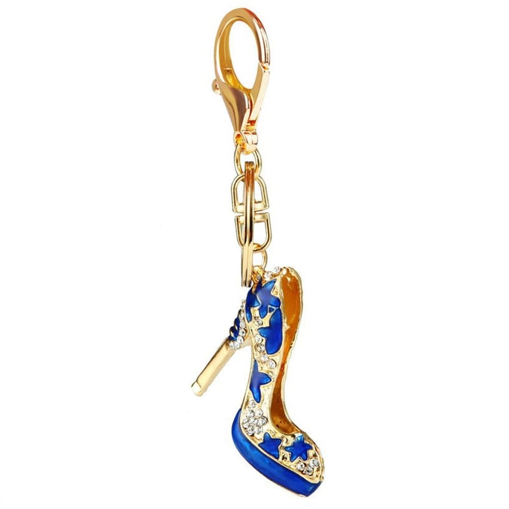 Chaveiro elegante de salto alto azul para mulheres com strass