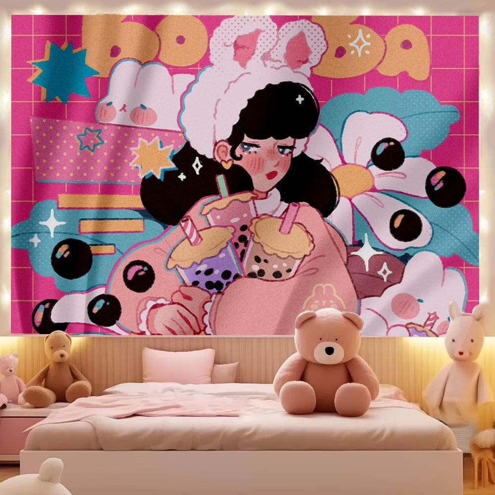 Tapeçaria para pendurar na parede Cute Anime Girl Bubble Tea 150x130cm
