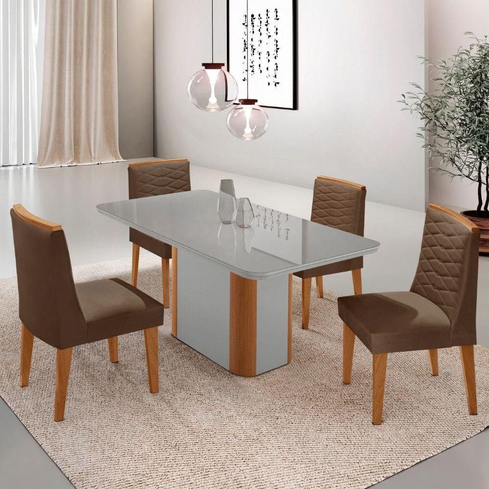 Mesa De Jantar Isadora 120cm Tampo Mdf Vidro Com 4 Cadeiras Veludo Marrom Serigrafia Off White