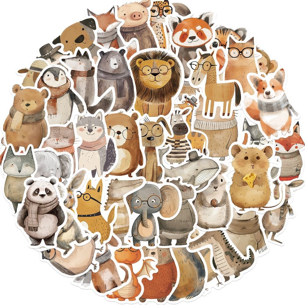 Pacote de adesivos de animais desenhados à mão, 50 unidades de vinil aquarela