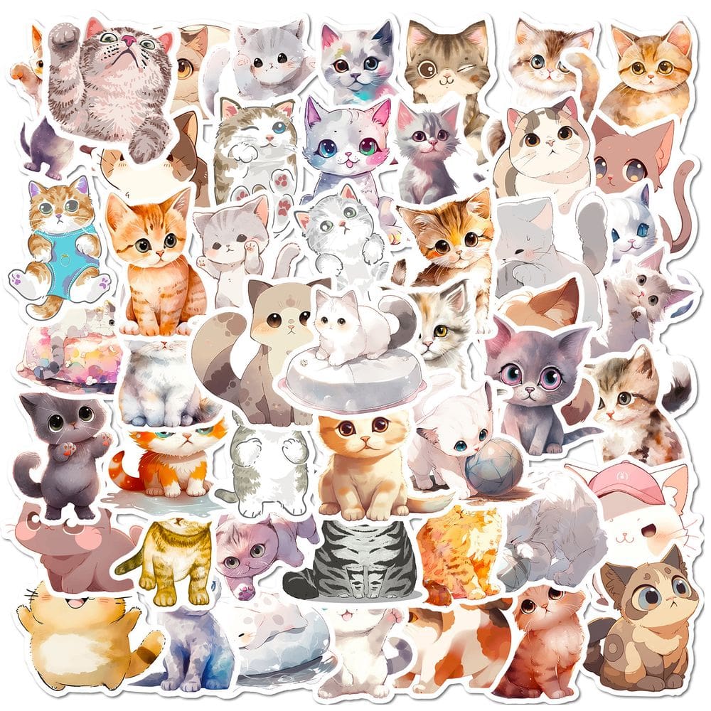 Pacote de adesivos Cute Cat Watercolor Cartoon Decalque de vinil x50