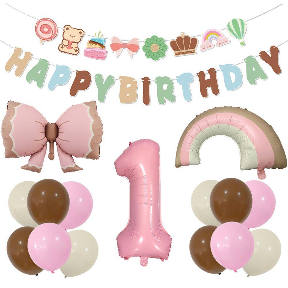 Conjunto de balões, laço rosa fosco e papel alumínio arco-íris, 15 unidades de aniversário