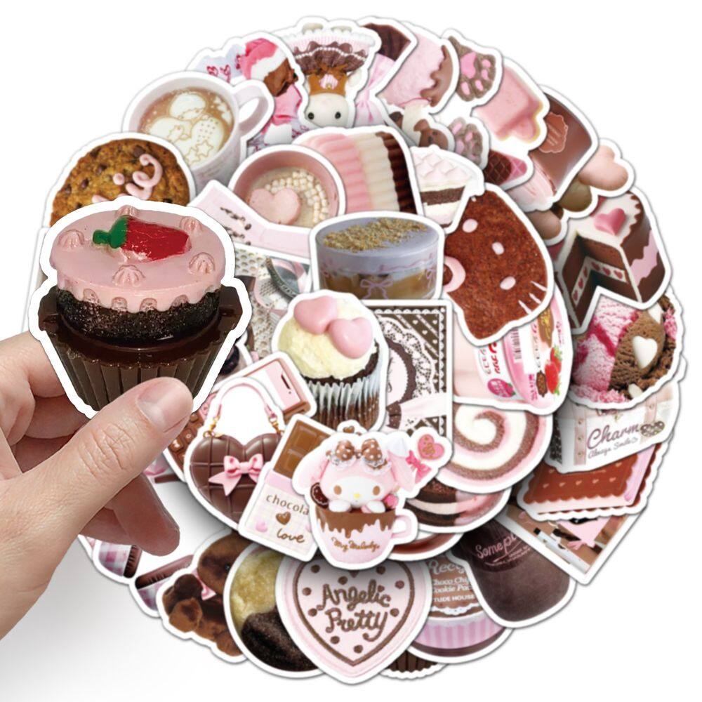 Pacote de adesivos com tema de café estético rosa, marrom, 50 unidades