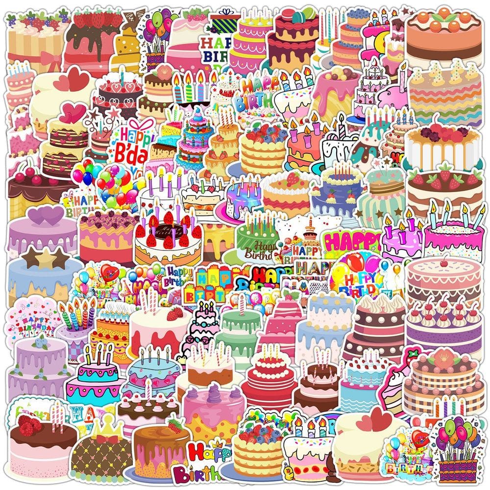 Pacote de adesivos: bolo de aniversário, 100 peças de sobremesa de desenho animado