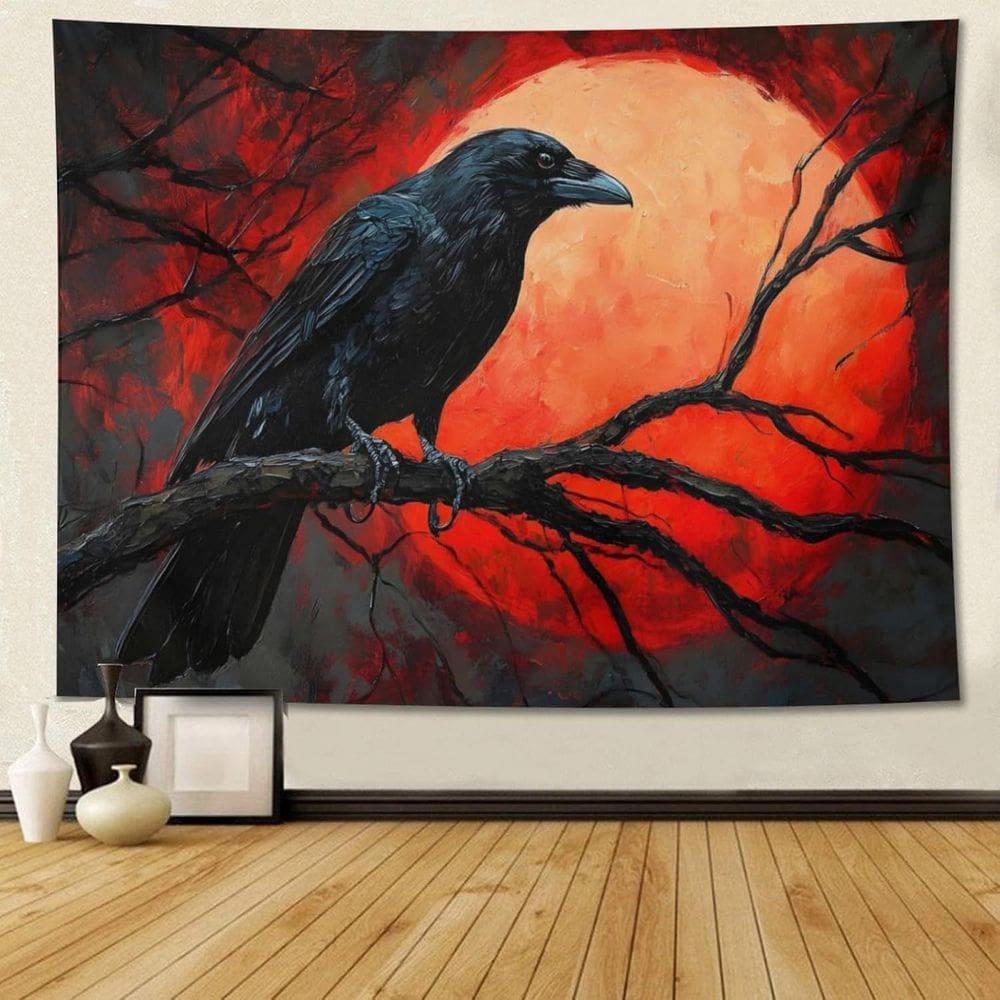 Tapeçaria para pendurar na parede Raven Dark Gothic Bird on Branch 150x130cm