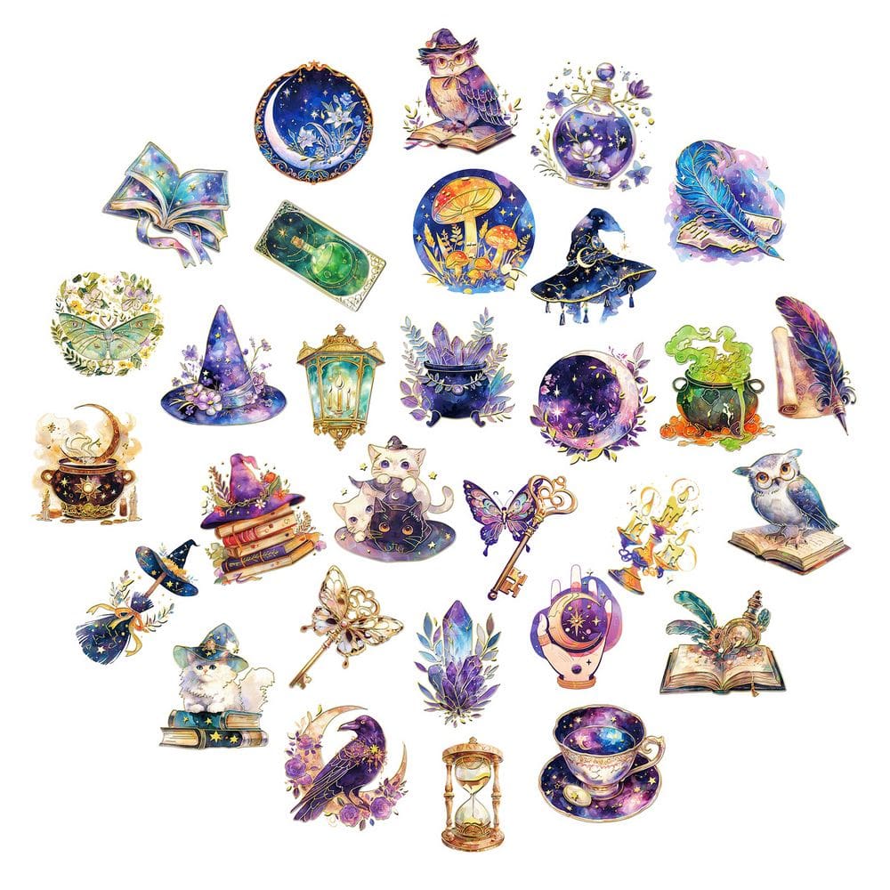 Pacote de adesivos Magic Owl Purple Fantasy, 30 unidades de papel alumínio PET