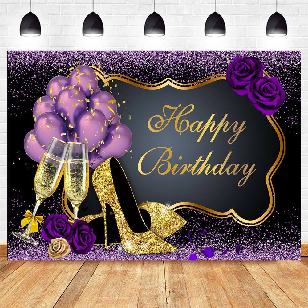 Tapeçaria pendurada na parede, aniversário, balões roxos, champanhe