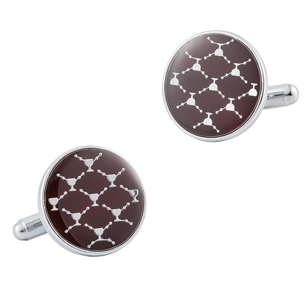 Abotoaduras, esmalte redondo, padrão de vidro Martini, banhado a prata