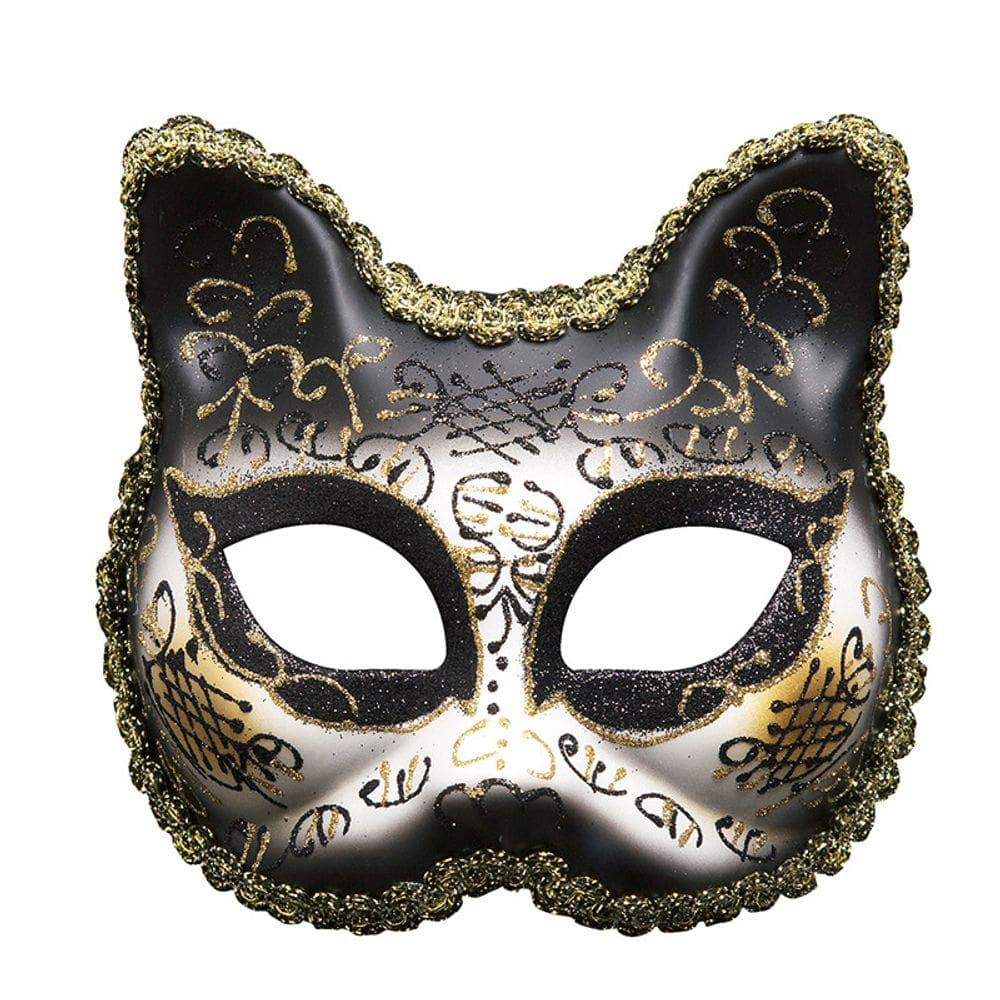 Máscara facial de PVC para cosplay, gato preto e dourado