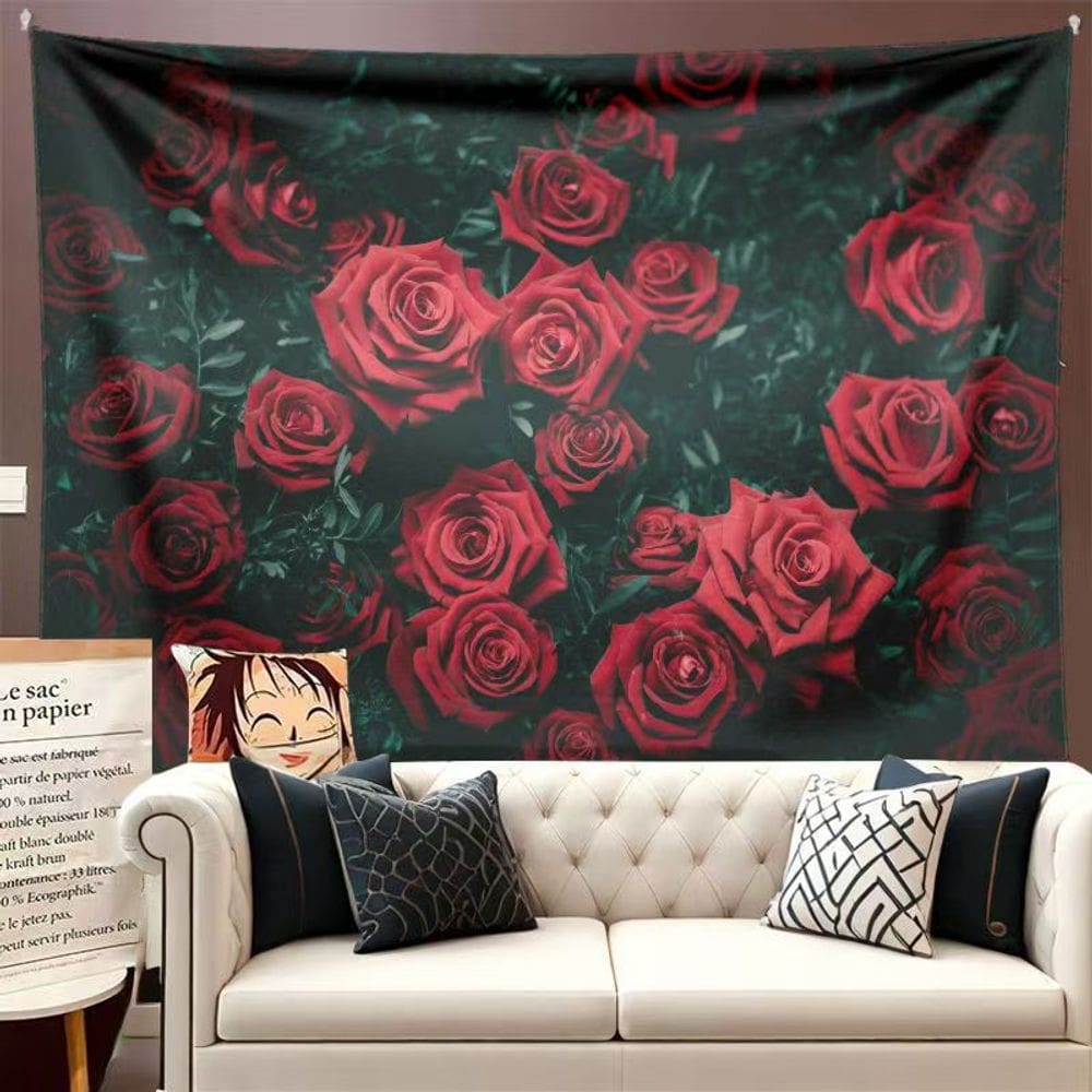 Tapeçaria para pendurar na parede rosas vermelhas românticas em verde escuro 150x130cm