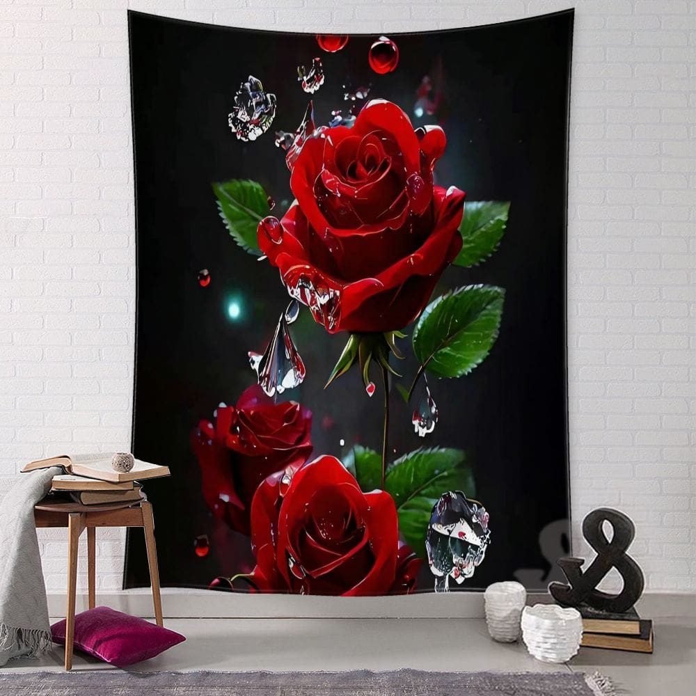 Tapeçaria pendurada na parede com fundo vermelho rosa preto 150x130cm