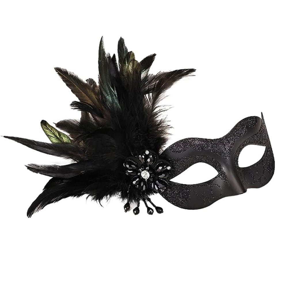 Máscara de máscara emplumada com meia face de PVC de lantejoulas pretas